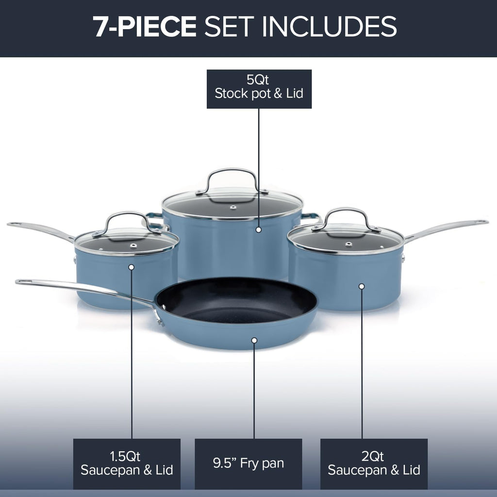 Nuwave Healthy Duralon Blue Ceramic Nonstick Coated 7pc Cookware Set, Scratch-Resistant Diamond Infused, PFAS Free, Induction Ready & Evenly Heats, Oven Safe, Tempered Glass Lids