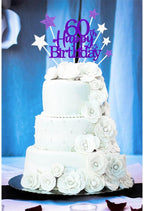 Glittery 60th Happy Birthday Cake Topper with Star,Personalised 60 Birthday Cake Toppers Party Decorations Party Supplies for Men Women Purple Silver