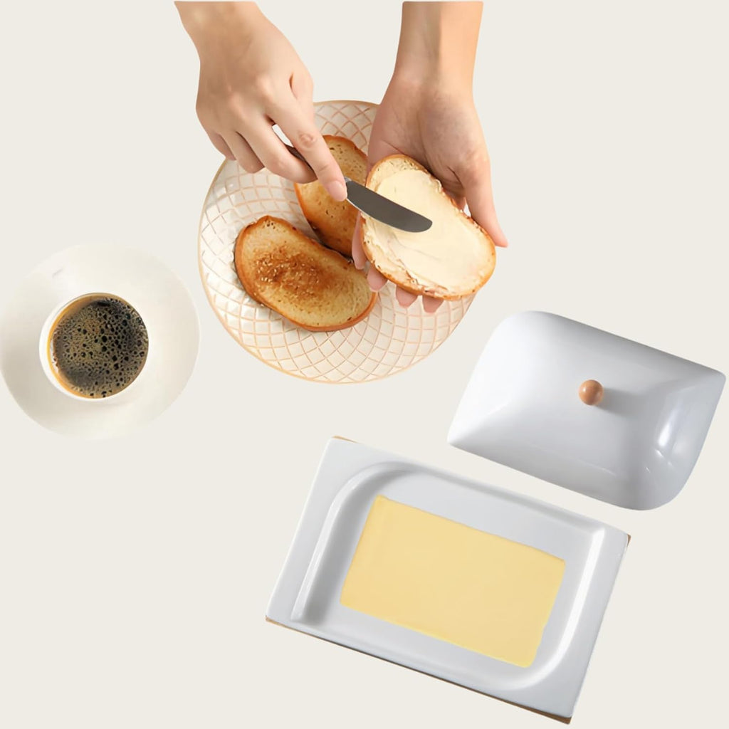 HAN SHENG Ceramic Butter Dish with Bamboo Tray & Lid - Butter Keeper Holder for Countertop, Fits East/West Coast & Large Sticks, Kitchen & Table Decor Gift