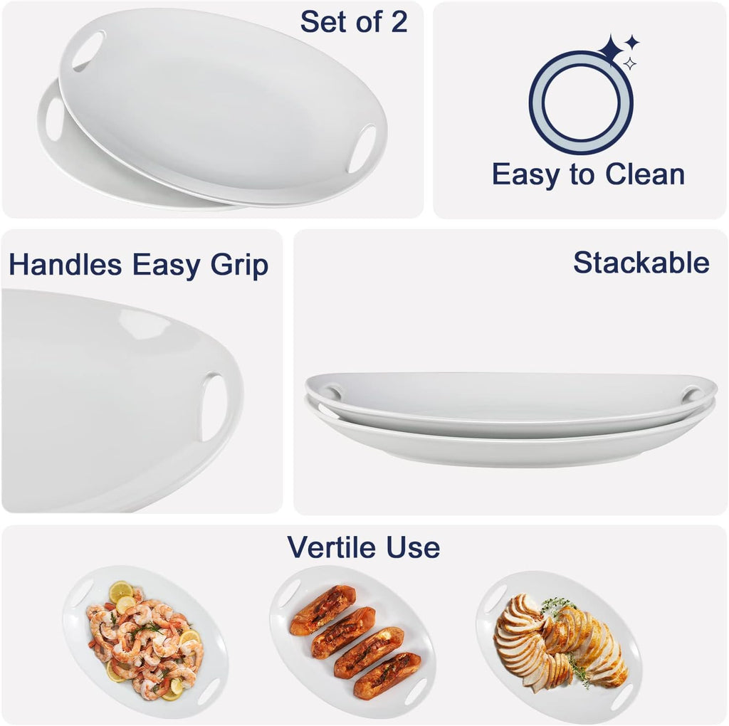 Porcelain Serving Platter with Handles, 14" serving dishes for entertaining, Oval Serving tray for Salad, Stew, Fruits and Pasta, Set of 2, White