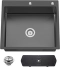 Black Kitchen And Bar Sink, 25x22 Inch Stainless Steel Drop In Kitchen Sink Modern Single Bowl Topmount Bar Sink Combo-Silicon Mat,Drain Strainer Set Compatibility With Various Kitchen & Bar Style