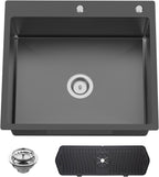 Black Kitchen And Bar Sink, 25x22 Inch Stainless Steel Drop In Kitchen Sink Modern Single Bowl Topmount Bar Sink Combo-Silicon Mat,Drain Strainer Set Compatibility With Various Kitchen & Bar Style