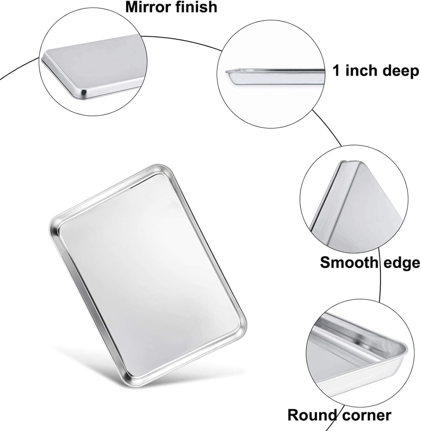 TeamFar 10.5’’ x 8’’ x 1’’ Toaster Oven Pan with Rack Set, Small Baking Pans Tray Stainless Steel with Cooling Rack Set of 4, Non-Toxic & Heavy Duty, Mirror Finish & Dishwasher Safe