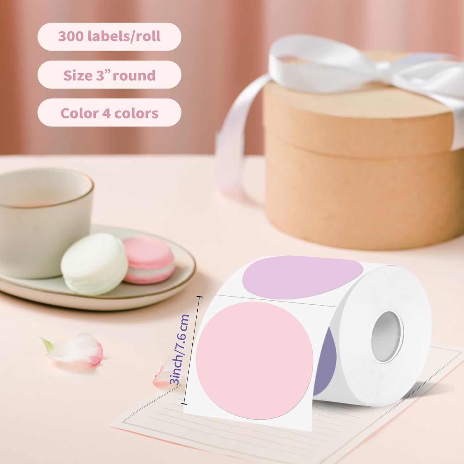 Thermal Label,3 Inch Pink Gradient Round Thermal Printer Sticker,Self-Adhesive Round Direct Thermal Labels,Thermal Stickers for DIY Logo Design,Name Tag (300 Labels/1 Roll)
