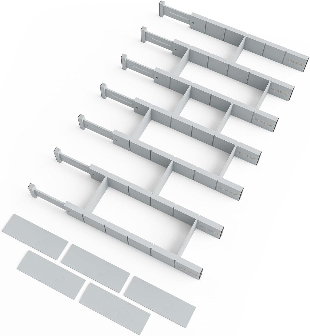 SpaceAid Bamboo Drawer Dividers with Inserts and Labels, Kitchen Adjustable Drawer Organizers, Expandable Organization for Home, Office, Dressers, 7 Dividers with 15 Inserts (17"-22" Gray)