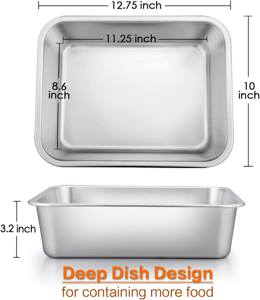 E-far Lasagna Pan Set of 2, Deep Stainless Steel Baking Pans, 12.75 x10 x3.2 Inches Rectangular Metal Roasting Baking Dish Bakeware for Oven, Non-Toxic & Heavy Duty, Dishwasher Safe