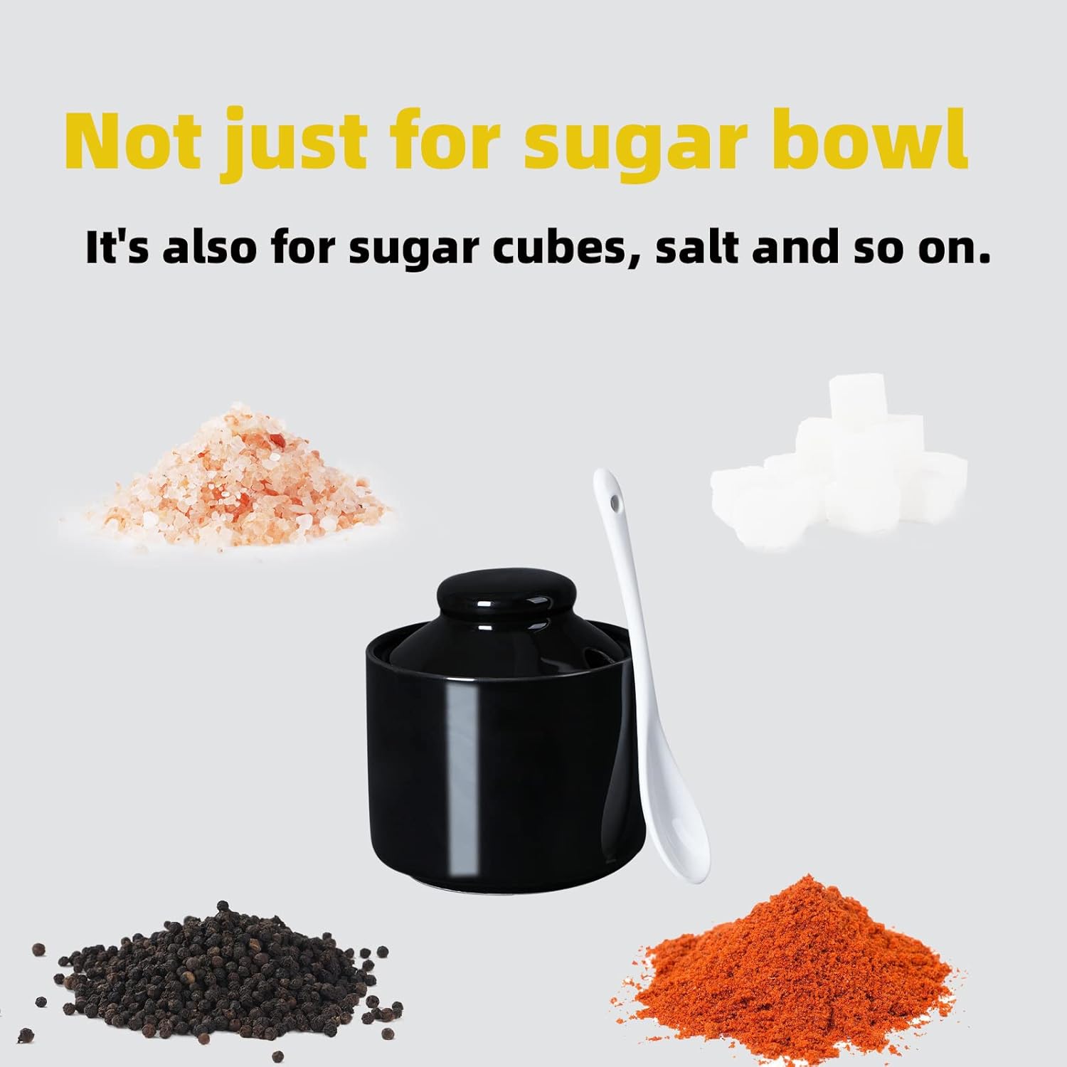 ONTUBE Ceramic Sugar Bowl with Lid and Spoon,Porcelain Seasoning Box Salt Bowl,8oz (Black)