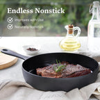 Flambo 12 Inch Cast Iron Skillet - Naturally Non-Stick, Pre-Seasoned Frying Pan, Smooth Nonstick Finish for Grilling, Frying, Sauteing, Searing, Baking - Use on Oven, Stove, Grill, or Campfire