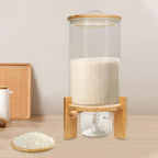 CNCEST Flour and Cereal Container, Glass Rice Dispenser, Countertop Cereal Dispenser with Measuring Cup, Airtight Lid & Wooden Stand for Storing Rice, Flour, Nuts, Coffee Beans (7.5L/1.98Gal)