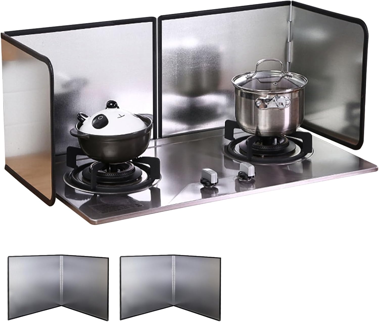2 Pieces 2 Sided Grease Splatter Guard Foldable Splatter Guard for Stove Stainless Steel Oil Splatter Screens Backsplash for Wall Gas Range Frying Pan Camping(Size:15.7×15.7inches)