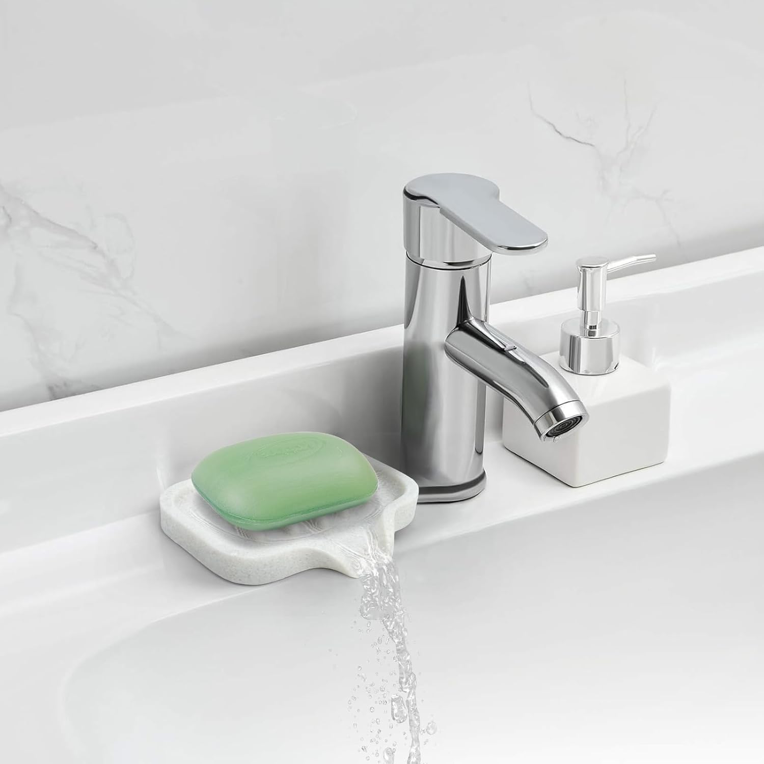 Self Draining Soap Dish- Bar Soap Holder for Shower, Marble Design Large Soap Savers Soap Tray Sponge Holder for Kitchen Bathroom Bathtub Sink, Crystal White