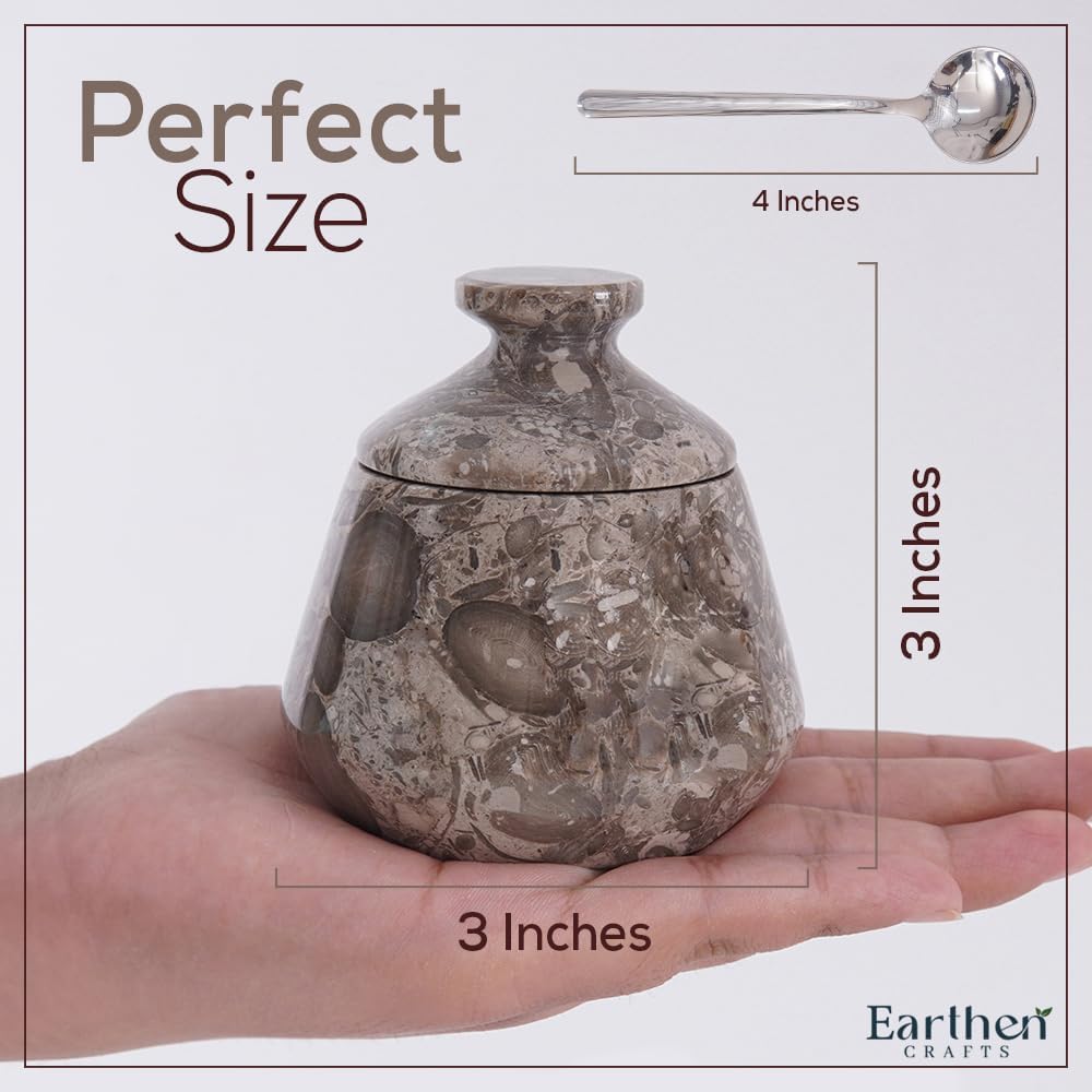 Marble Salt Cellar With Lid and Spoon 3" Inches Oceanic Salt Box, Natural Stone Salt Holder for Kitchen Counter Salt Container Sugar, Salt & Pepper Bowls