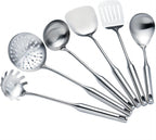 Cooking Utensils Set Stainless Steel Kitchen Metal Serving Utensils Set of 6 Pcs-Wok Spatula Ladle Set, Slotted Skimmer, Pasta Server, Serving Spoon, Slotted Spatula Tunner,Dishwasher Safe