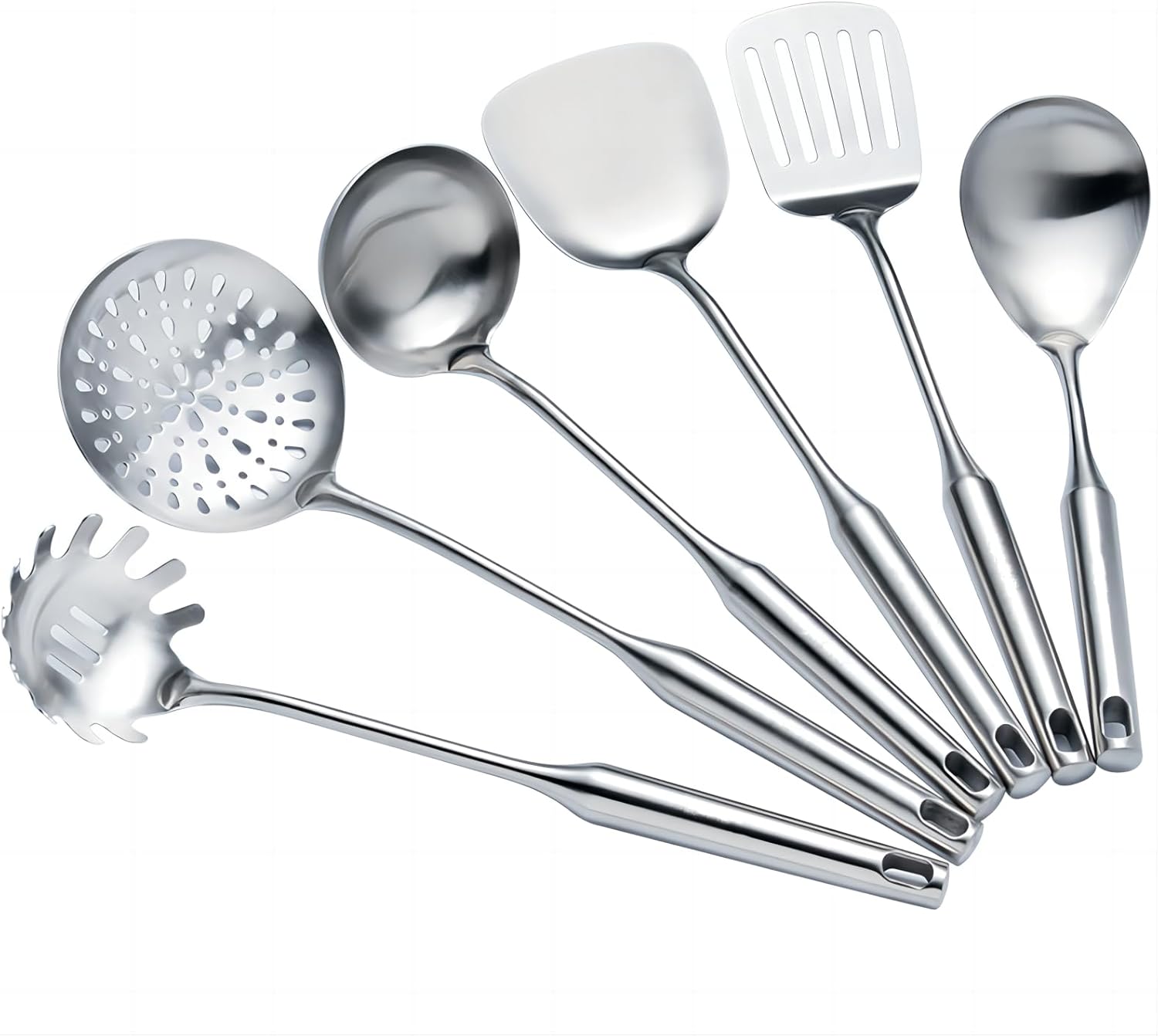 Cooking Utensils Set Stainless Steel Kitchen Metal Serving Utensils Set of 6 Pcs-Wok Spatula Ladle Set, Slotted Skimmer, Pasta Server, Serving Spoon, Slotted Spatula Tunner,Dishwasher Safe