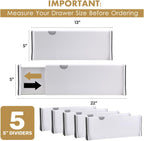 RAPTUROUS Adjustable Deep Drawer Divider – 5" Tall, Expandable 13-22", 5-Pack, Non-Slip Drawer Dividers for Clothes, Dresser, Kitchen & Office Organization (White)