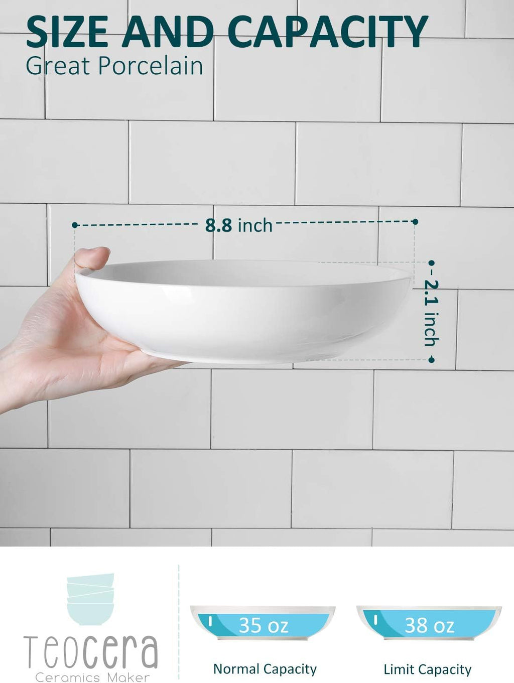 Teocera Pasta Bowls, Large Salad Bowls, Porcelain Bowl Set, Wide and Shallow, Microwave and Dishwasher Safe, 35 Ounce - Set of 4, White