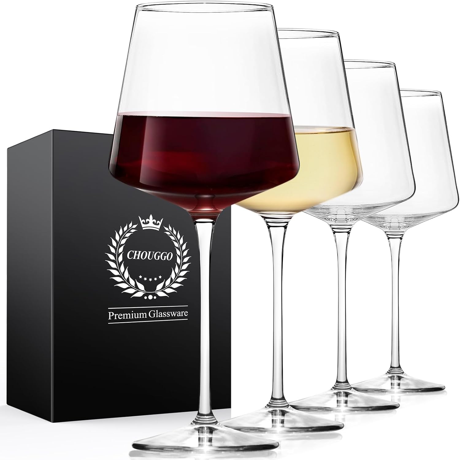 Chouggo 21Oz Wine Glasses Set of 4, Hand Blown Crystal White Wine or Red Wine Glasses, Tall Long Stem Large Glass, Perfect for Wedding Anniversary or Birthday Gift