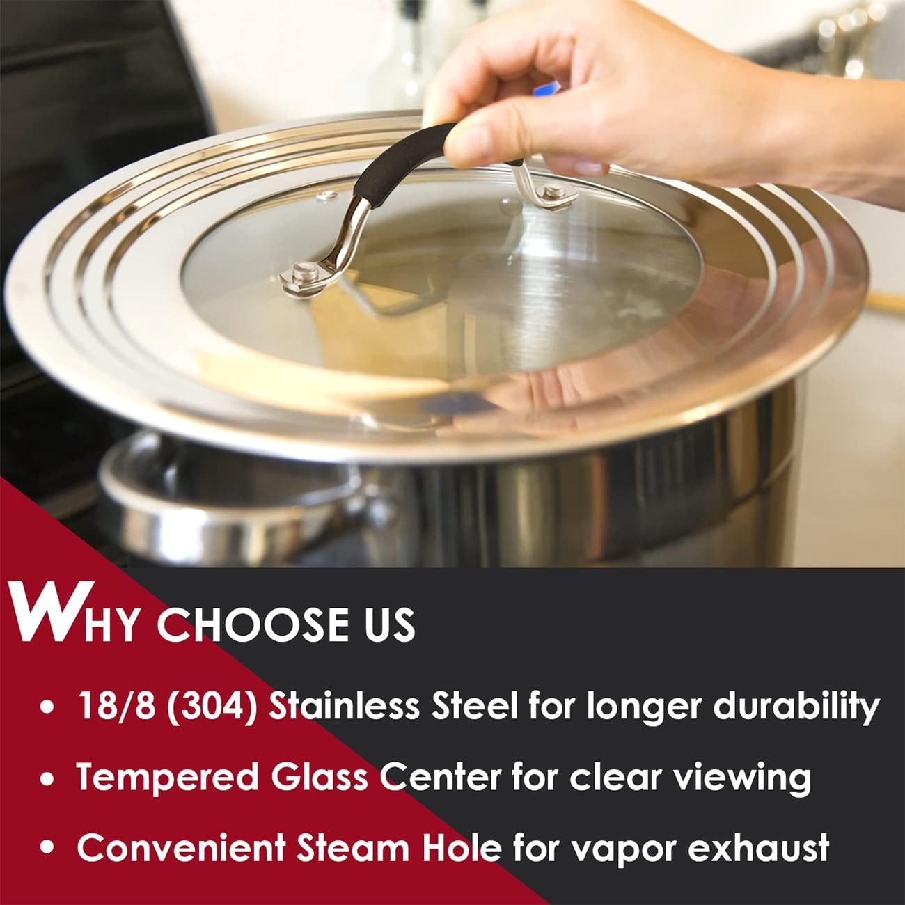 Stainless Steel Universal Lid for Pots, Pans and Skillets - Fits 7" to 12" Pot and Pans - Tempered Glass with Stainless Steel Rim Replacement Frying Pan Cover and Cast Iron Skillet Lid