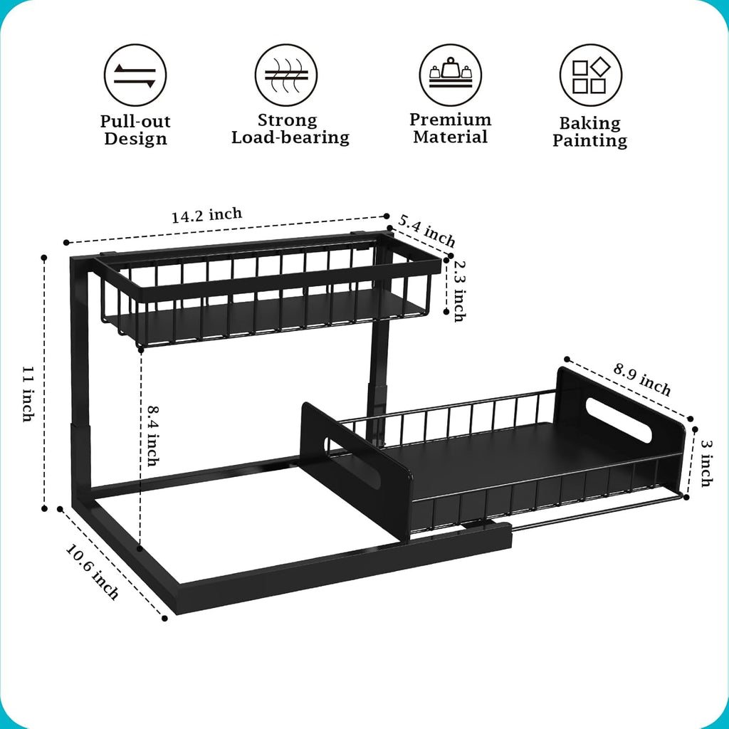 REALINN Under Sink Organizer, Pull Out Cabinet Storage 2 Tier Slide Out Sink Shelf, Kitchen Organizers and Storage, Black, 1 Pack