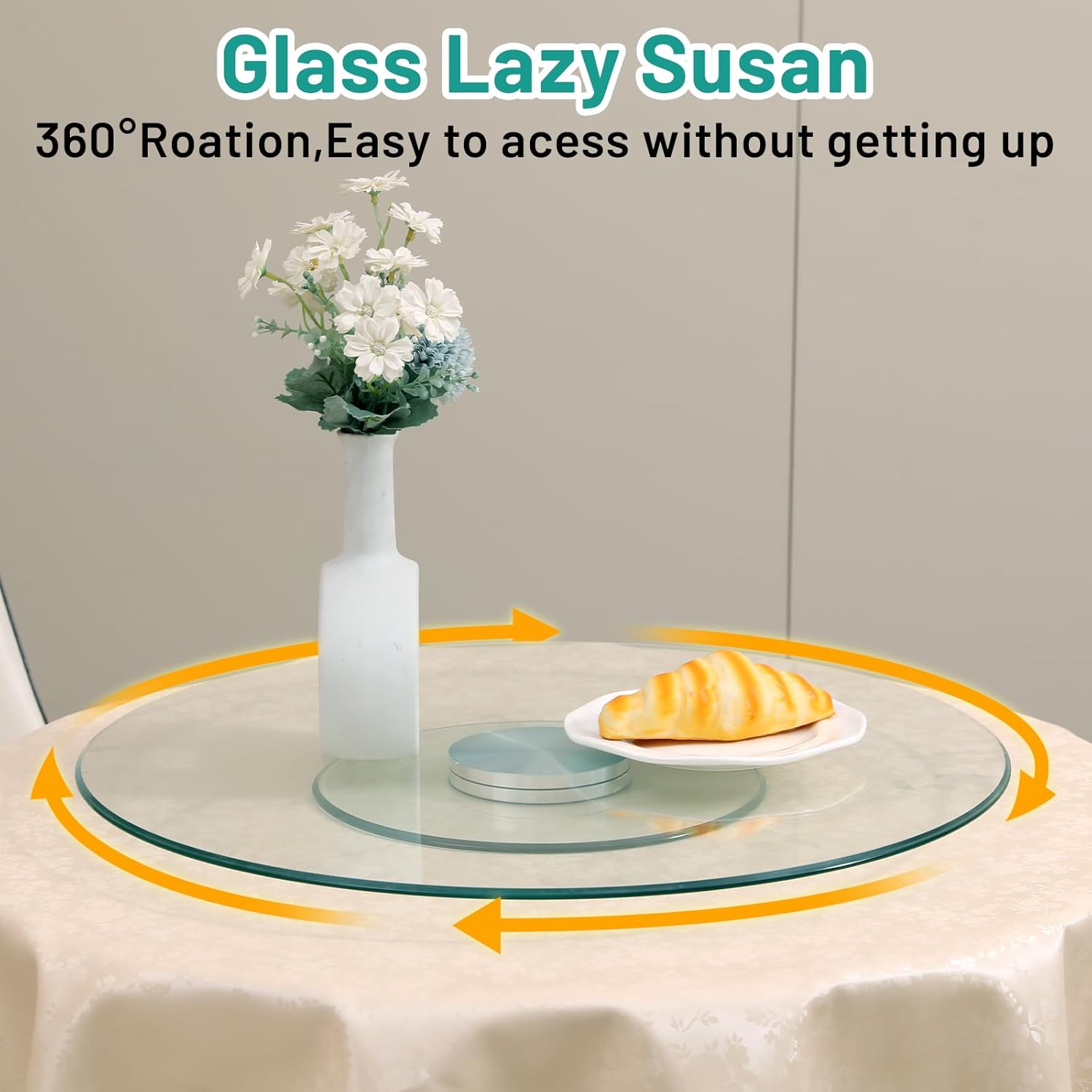 40-Inch Lazy Susan Turntable for Dining Table, Tempered Glass, 360° Rotation, Anti-Tip Design with 6 Rotating Wheels, Perfect for Parties, Weddings, and Family Dinners (40 inch)