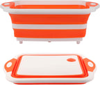 Collapsible BBQ Prep Tub/Cutting Board 10L, Foldable Dish Tub with Colander, Portable Camping Sink, Multifunction Dishing Basin Bucket Wash Tub for Kitchen Fruit Vegetable Picnic (Orange)