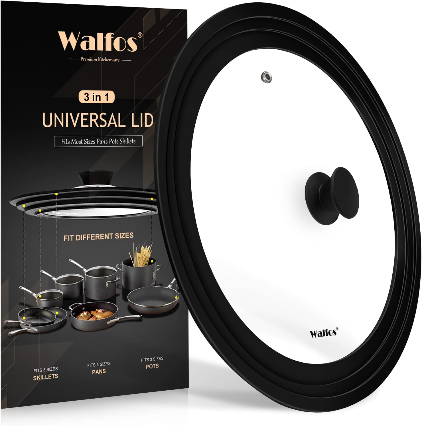 Universal Lid for Pots, Pans and Skillets Fits 7", 8" and 9" Diameter Cookware - Walfos Tempered Glass Pan Lid with Heat Resistant Silicone Rim, Multi-purpose BPA Free Pot Lids, Dishwasher-Safe, Black