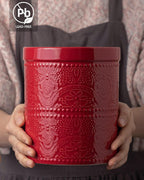 FUN ELEMENTS Kitchen Utensil Holder, 7.2" Super Large Utensil Crock Heavy and Stable Lace Emboss Ceramic Utensil Holder for Kitchen Counter (Christmas Red)