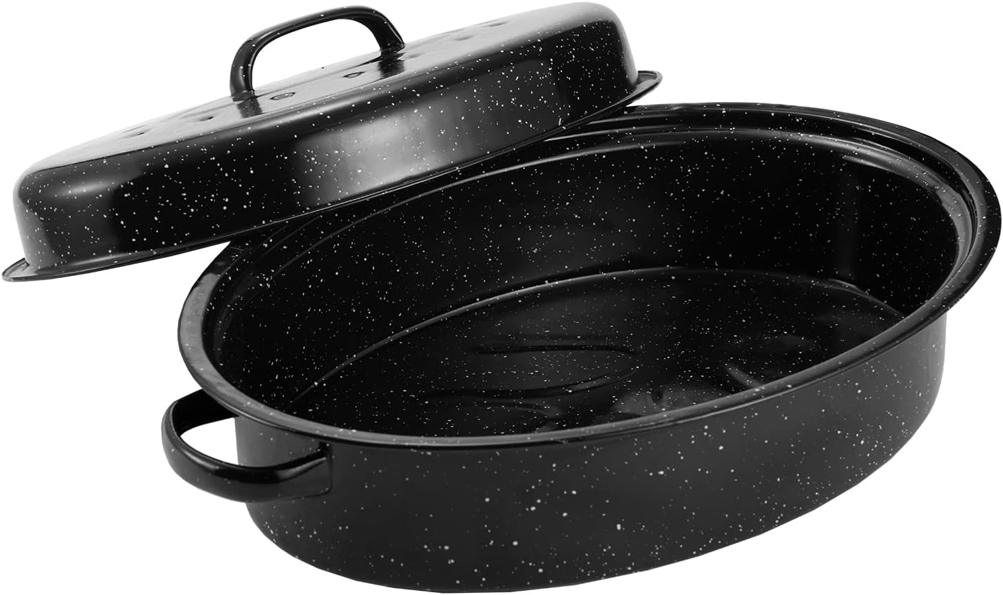 Granite Roasting Pan, Medium 16” Enameled Roasting Pan with Domed Lid. Oval Turkey Roaster Pot, Broiler Pan Great for Small Turkey, Chicken, Ham, Dishwasher Safe Fit for Roast 12Lb Bird by Kendane