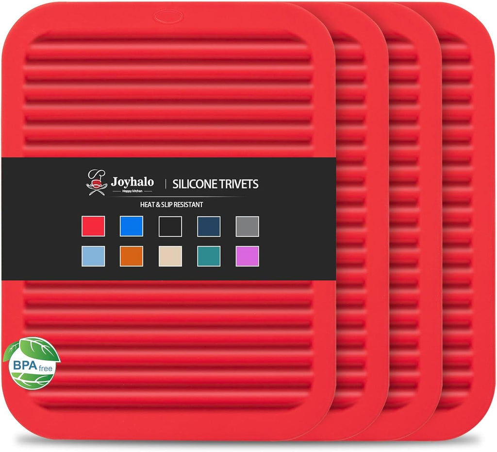 Joyhalo 4 Pack Silicone Trivets for Hot Pots and Pans,480℉ Heat Resistant Trivets for Hot Dishes,Hot Pads for Countertop,Kitchen Potholders,Red