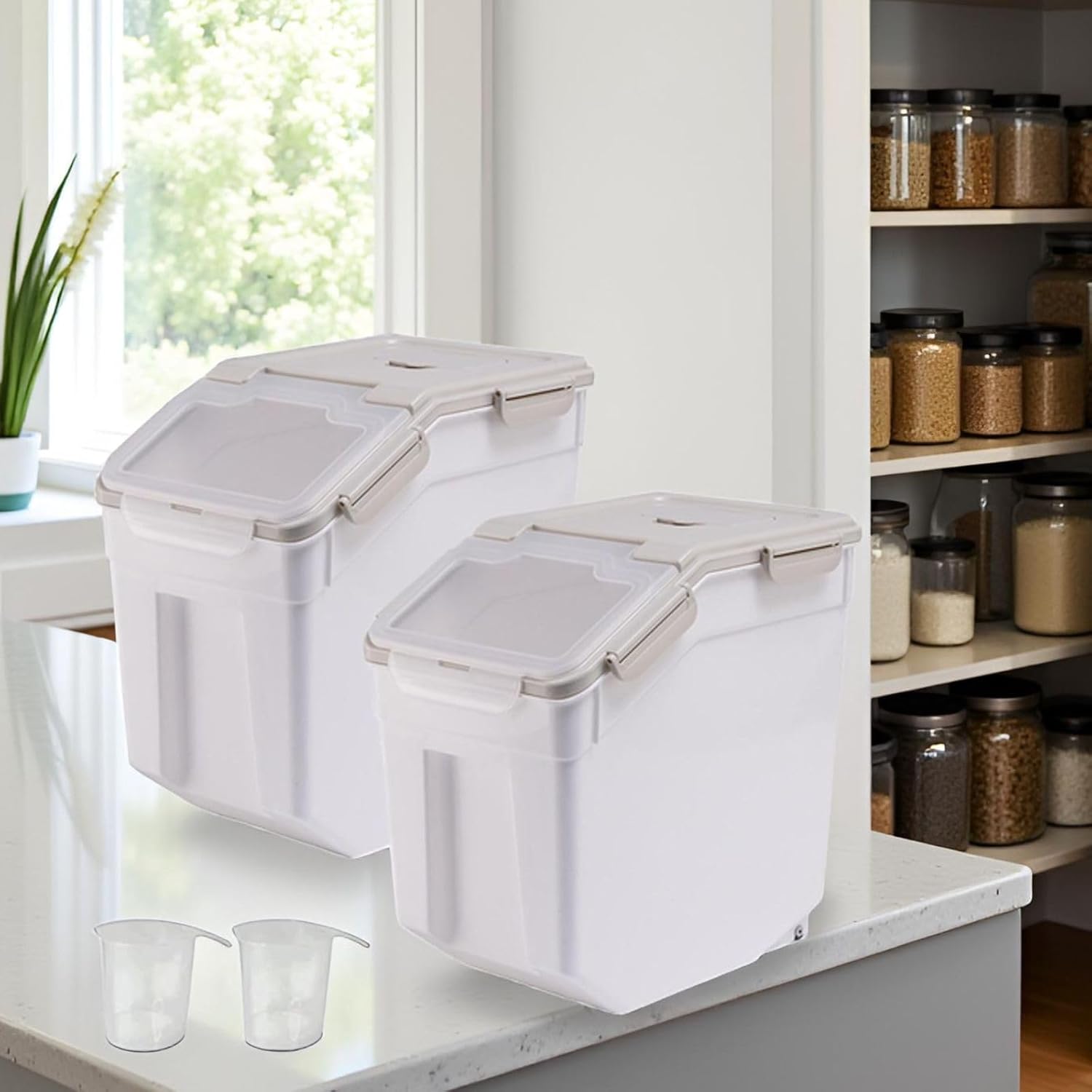Airtight Flour Storage Container Bin 50lbs (2 Pack) - BPA Free Rice & Food Dispenser with Locking Lid, Measuring Cup & Scoop - Kitchen Pantry Organizer for Cereal, Grain, Pet Food (Grey)