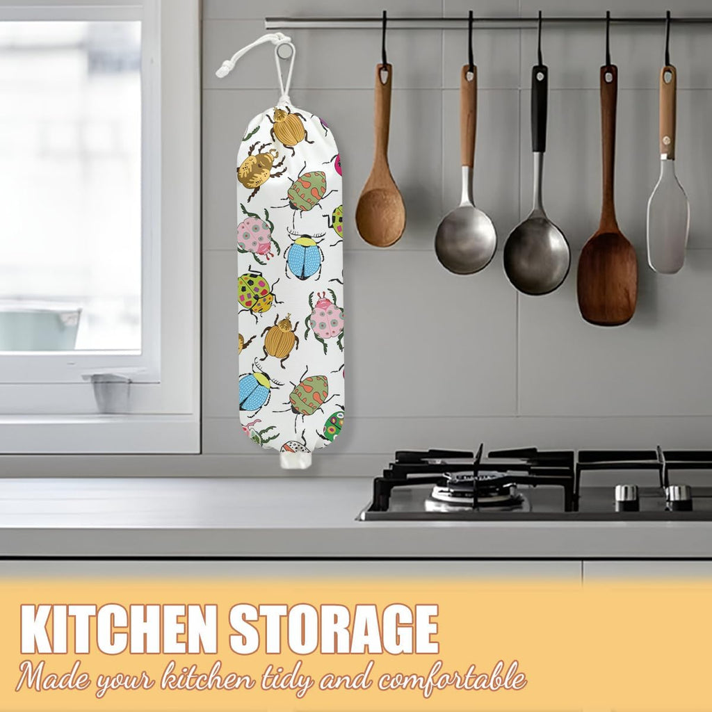 Insect Beetle Plastic Bag Holder, Wall Mount Grocery Bag Holder, Plastic Storage bag, Pull Rope Free Adjustment, Plastic Bag Holders for Grocery Bags, Plastic Bag Dispenser for Home Kitchen