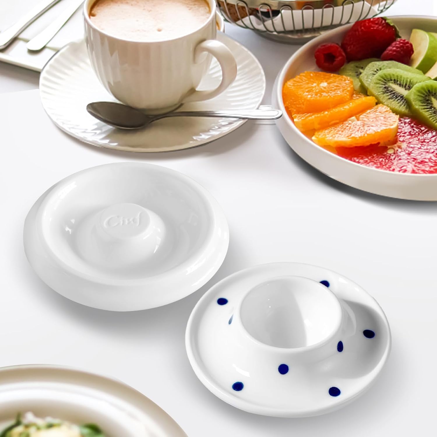 Cinf Ceramic White Egg Holder Set of 2 Porcelain Holder Breakfast Boiled Cooking Easy to Clean Childhood Memories Kitchen（Blue Dot)