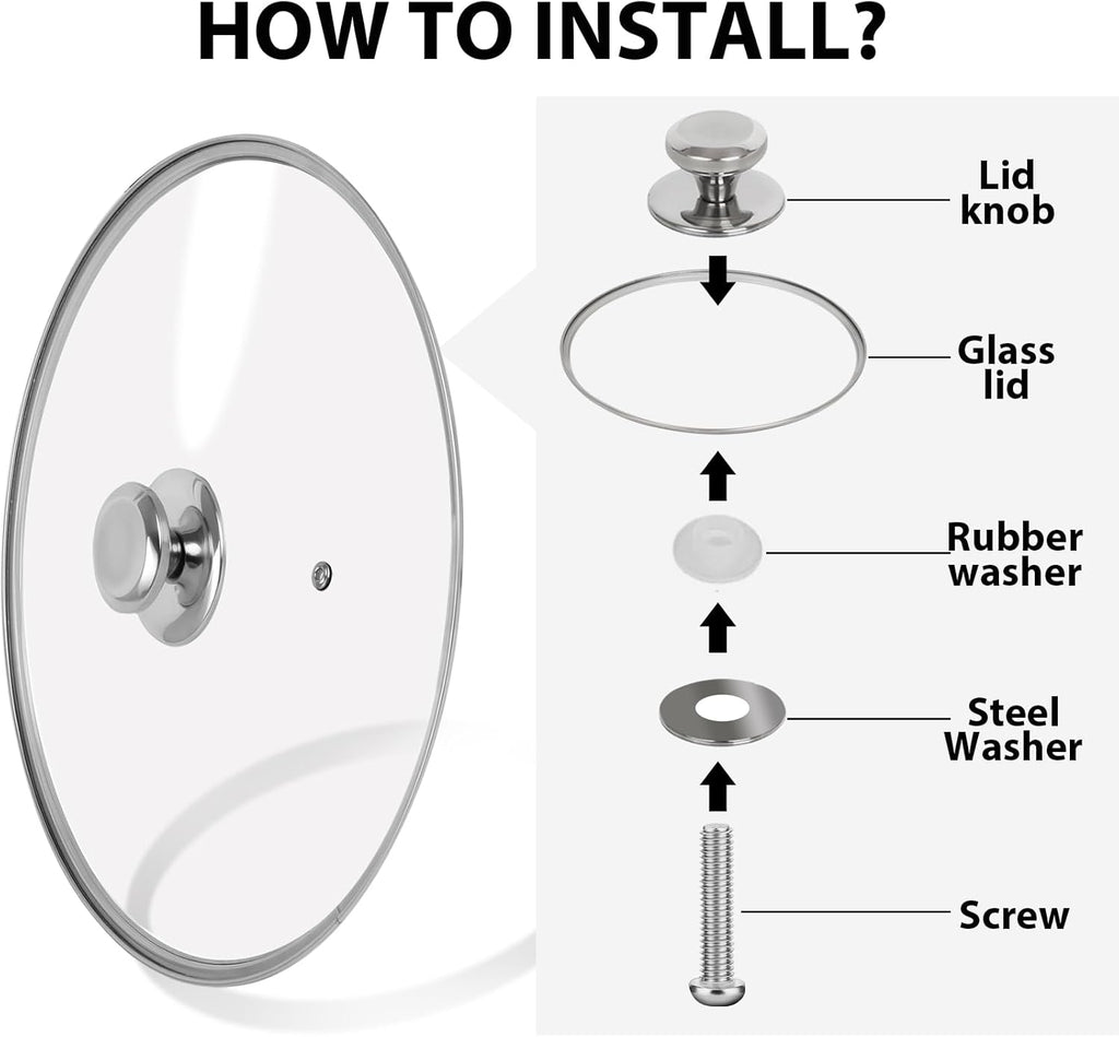 10.25 inch Tempered Glass Lid for Pots, Frying Pans and Skillets, Replacement Cover with Stainless Steel Knob Handle, Dishwasher Safe