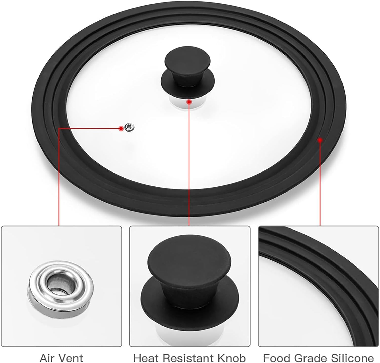 Universal Lid for Pots, Pans and Skillets, Tempered Glass Lid fit 9.5", 10", 11" Skillets, Pots, Frying Pans, Cast Iron, Crock Pot and Other Glass Covers Replacement