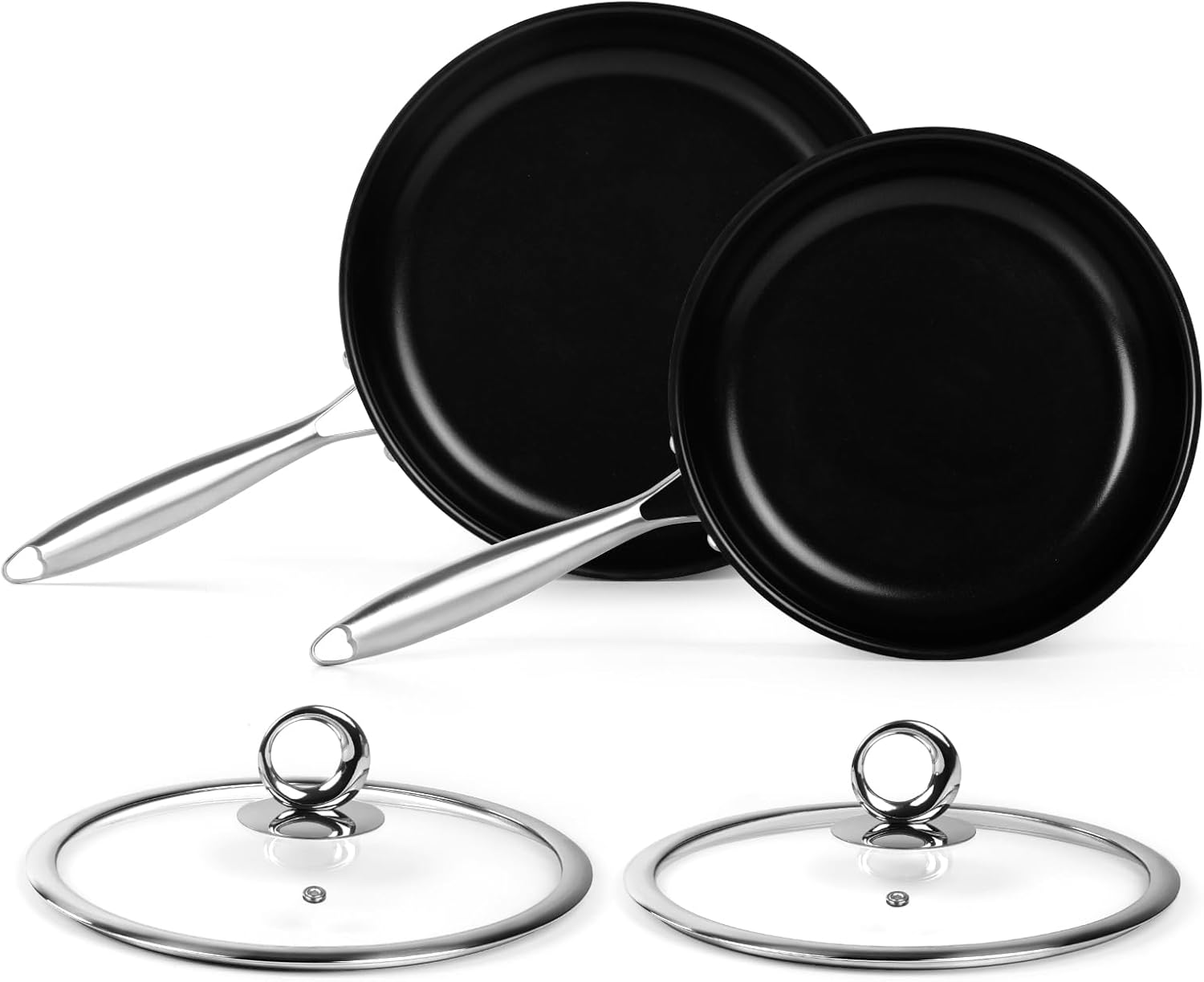 Stainless Steel Frying Pan Set, Titanium Ceramic 10” and 12” Non Stick Frying Pan Skillet Set with Lids, No Toxic Nonstick Egg Omelet Cooking Pan Set, Induction Compatible, PFAS&PTFE Free