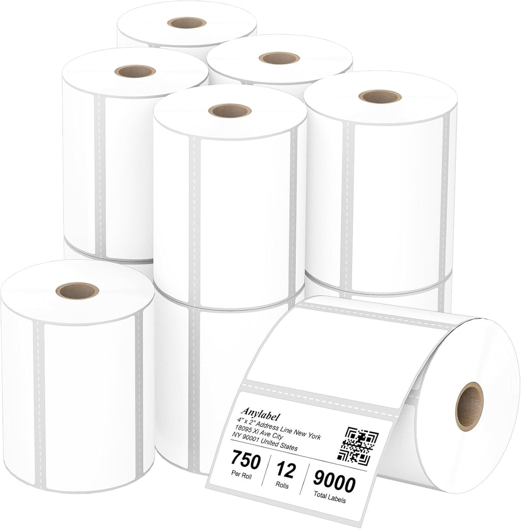 Compatible 4" x 2" Direct Thermal Labels Replacement for Barcodes Postage Address Shipping Compatible with Rollo & Zebra Desktop Printers Adhesive & Perforated (12 Rolls, 750 Labels/Roll)