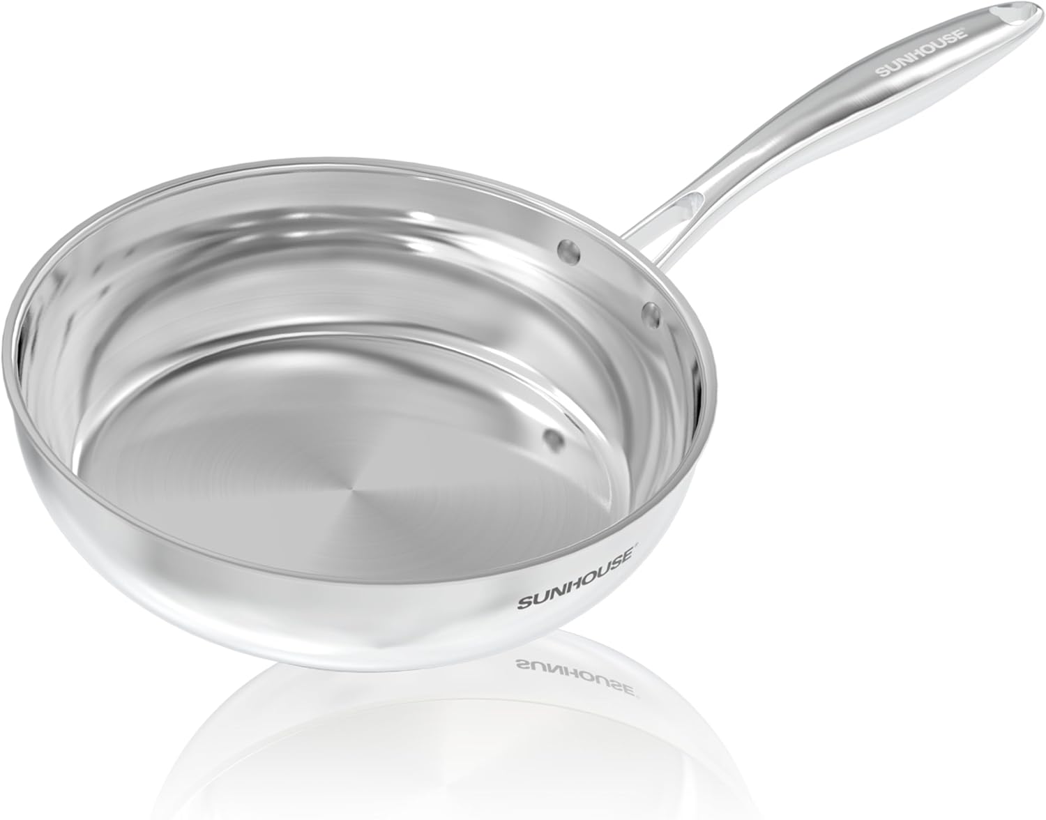Sunhouse 9.5 Inch 18/10 Chef Series Stainless Steel Frying Pan, Tri-Ply Stainless Steel Construction, PFOA-FREE, Stay-Cool Handle, Induction Compatible