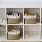 TheWarmHome Storage Basket for Organizing - 14x10x7 inch Medium 3 Pack Collapsible Storage Bin for Shelves with Handles, Canves Storage Box for Organizer Cubes Cloth Gift Toy Closet (White & Khaki)