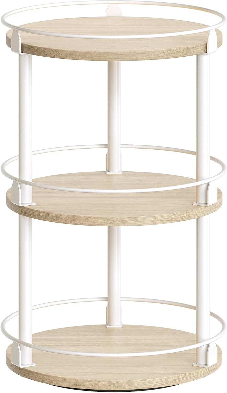 Lazy Susan Organizer, Rotating Spice Rack, 3 Tier Spice Turntable Organizer, Industrial Turntable Spice Holder, for Kitchen Countertop, Compact and Versatile, White and Light Oak SR23WG