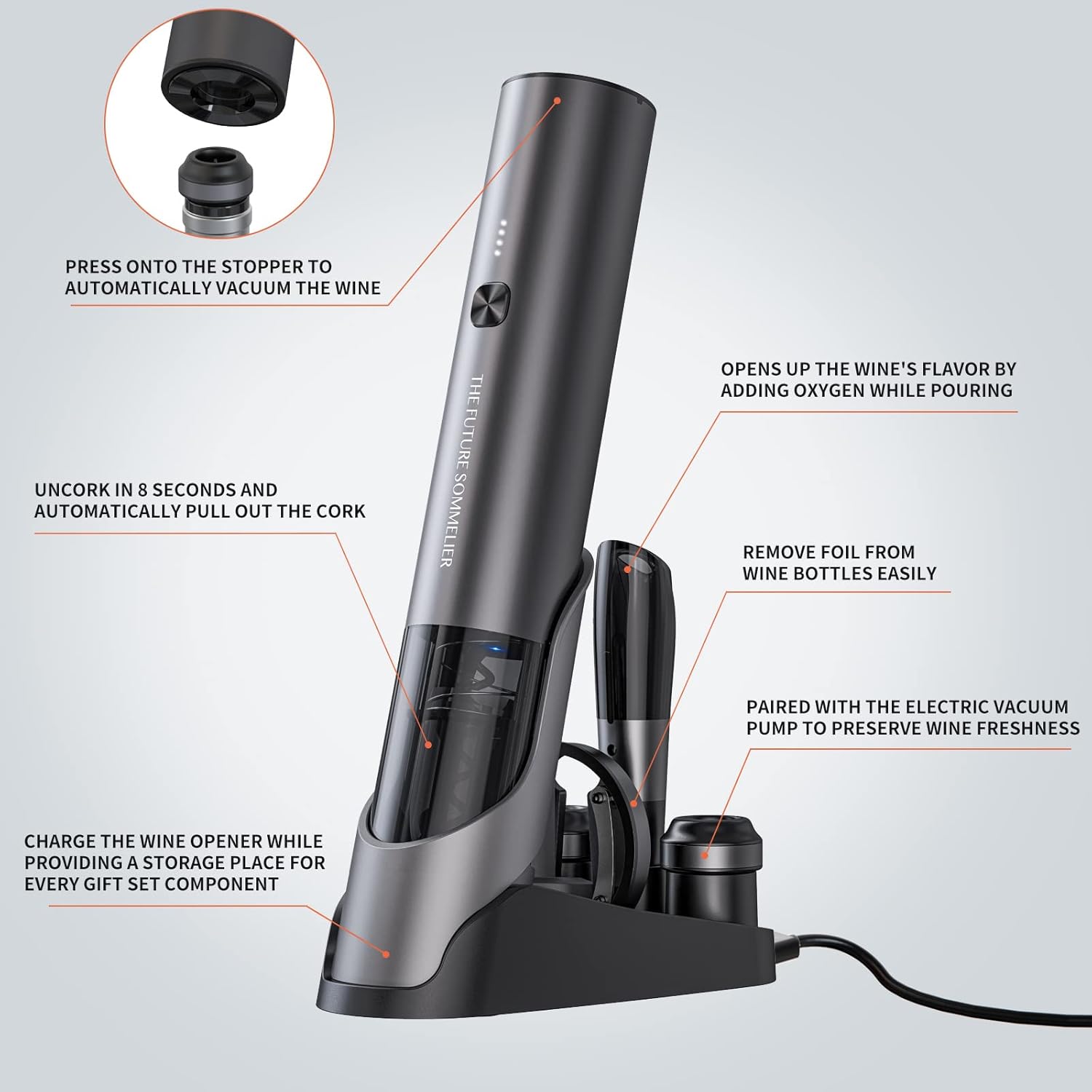 CIRCLE JOY Rechargeable Electric Wine Bottle Opener Set 7-in-1 Aluminum Alloy Wine Gift Set with 2-in-1 Electric Corkscrew & Vacuum Pump, Foil Cutter, Wine Pourer, Charging Base and 2 Wine Stoppers