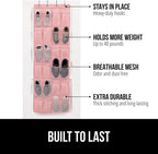 GORILLA GRIP Over the Door Shoe Organizer, 24 Large Breathable Mesh Pockets, Space Saving Hanging Storage Holder, Closet Rack Hanger Holds Up to 40 lbs, Hangs on Closets for Shoes, Accessories, Pink