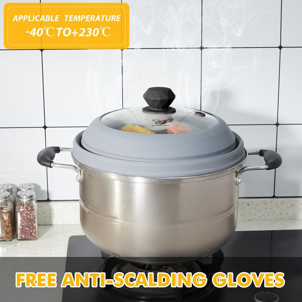 Microwave Splatter Cover Vented Glass Splatter Guard Lid with Collapsible Silicone for Food as Pot Cover Plate 9.8 inch Light Grey