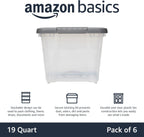 Amazon Basics Plastic Storage Containers with Secure Latching Lids, Stackable Organization Bins, Clear/Grey, 19 Quart, Set of 6