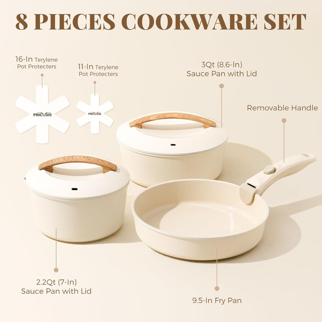 Ceramic Pots and Pans Set with Detachable Handle, Non-toxic Nonstick 8pcs Cookware Set with Die-cast Lids, Dishwasher & Oven Safe, PTFE PFOA PFAS Free, Perfect for College Dorm, Cream White