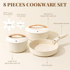Ceramic Pots and Pans Set with Detachable Handle, Non-toxic Nonstick 8pcs Cookware Set with Die-cast Lids, Dishwasher & Oven Safe, PTFE PFOA PFAS Free, Perfect for College Dorm, Cream White