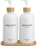 Hand and Dish Soap Dispenser Set,16oz Glass Bottles with Printed Labels, Bamboo Tray & Pump,Countertop Soap Dispensers for Kitchen,Luxury, Minimalist & Farmhouse Decor (Hand Dish (White))