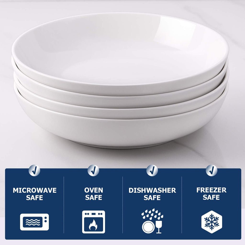 DOWAN 9.75" Pasta Bowls Set of 4, Large Shallow White Ceramic Salad Bowls, 50oz Wide Dinner Bowls for Pasta, Soup, Salad & Stew, Microwave & Dishwasher Safe, Housewarming Gift