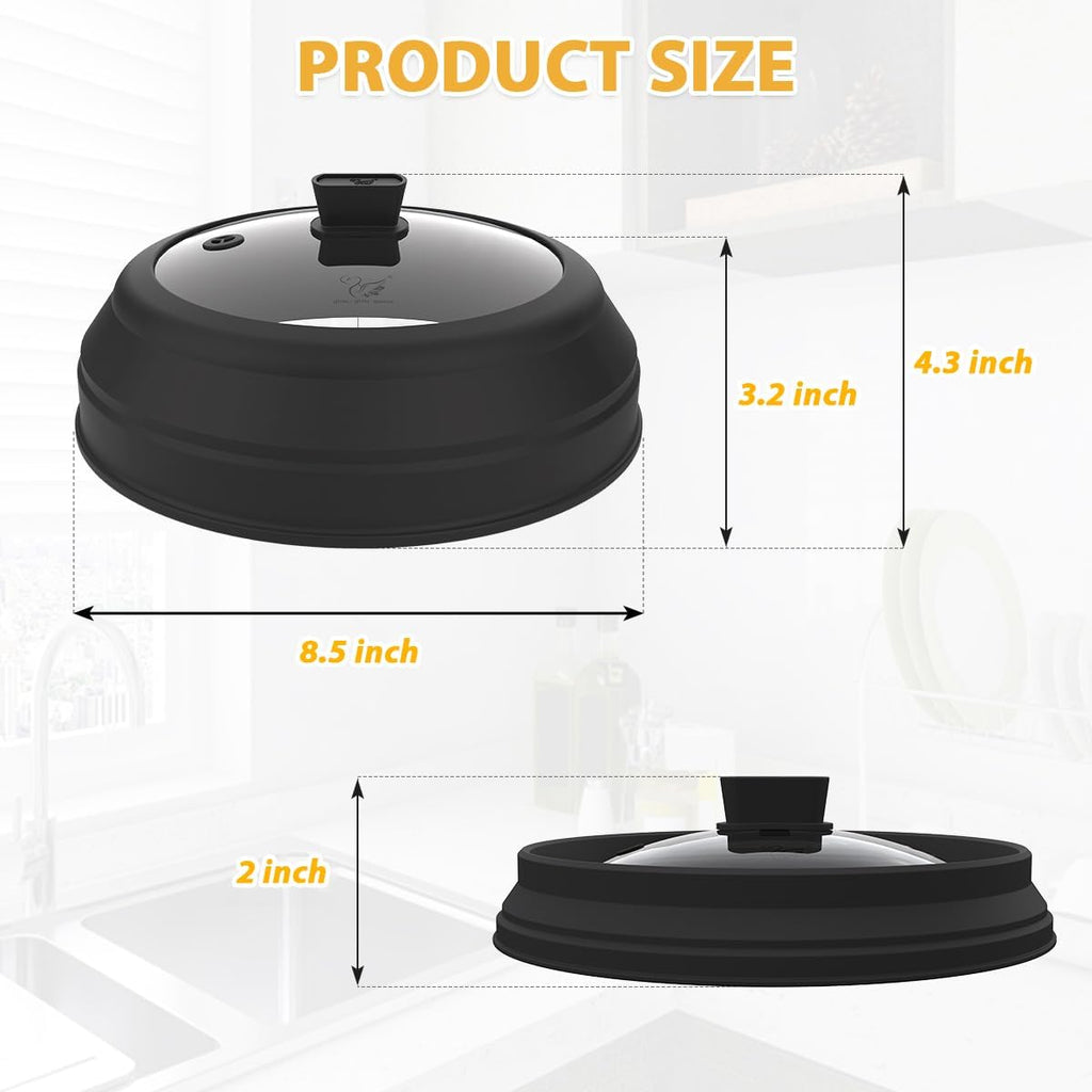 Microwave Splatter Cover Glass Splatter Guard Lid with Collapsible Silicone for Food Plate Covers 8.5 inch Black