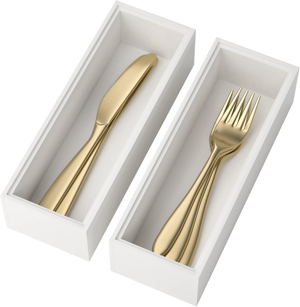Utensil Organizer Silverware Drawer Organizer - Set of 2, Stackable Kitchen Organization, Bamboo Storage Box Tray for Kitchen Gadgets Bathroom Countertop (White)
