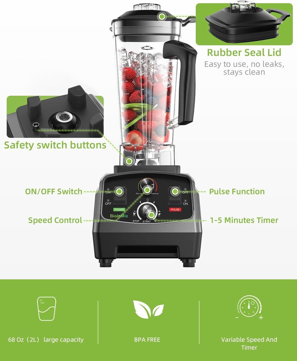 BioloMix Professional Countertop Blender - High Power 2200W Blender for Kitchen, Commercial, Smoothies, Frozen Fruits, Soup, Juice